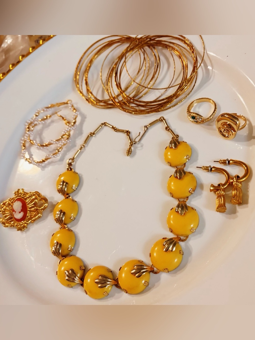 Vintage Jewelry Set -Yellow and Gold Statement Beaded Necklace